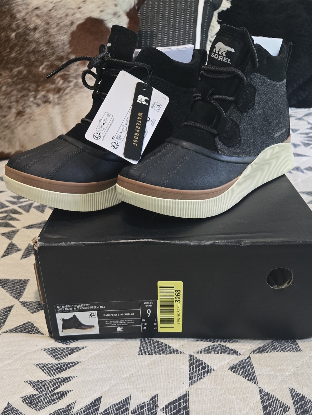 Sorel Women's Black and Gray Waterproof Wedge Winter Boots with Cream Soles